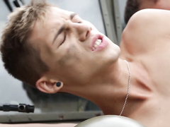 Veteran soldier fucks the newbie in a truck