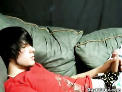 Amusing brunette boy masturbates and cumshoots