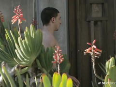 Beautiful brunette surfer guy passionately masturbates his dick