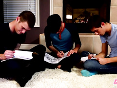 Doing home work is too boring for three teen twinks
