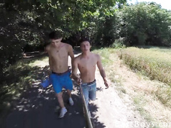 Teen gay friends are hawing walk at nature and making hot pictures
