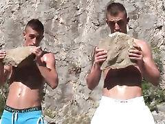 Gay guys cooling their bodies down outdoor
