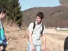 Teen boyfriends are going out to the nature on trailer