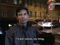 Twink dude is filming young handsome guy on sidewalk and seducing him for gay action