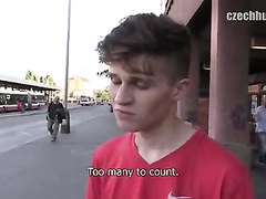 Teen brown haired guy handjobs dick for money