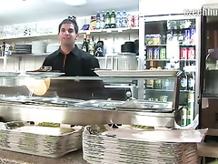 Handsome cook is getting seduced to undress at restaurant
