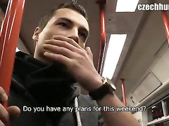 Charming young guy gets seduced to show off dick in the bus