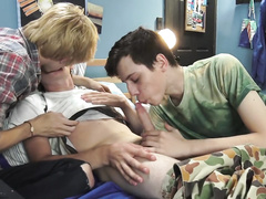 Young twinks dude Devin Lewis pleasures gay threesome fuck