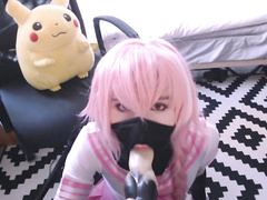 Skinny crossdresser fag with pink hair sucks a big dildo dick