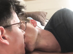 Blond twink is gently fondling balls and sucking big dick